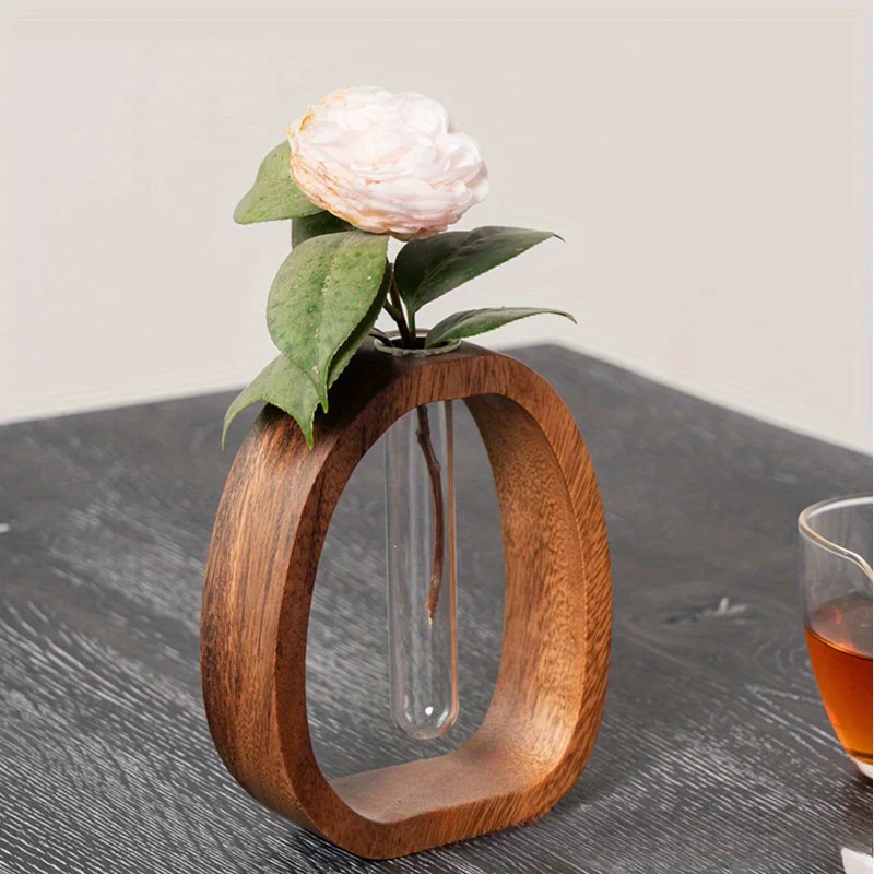 Art Deco Style Wooden Round Vase | Classic Design with Glass Tube for Hydroponic Flowers | Elegant Home & Office Decor
