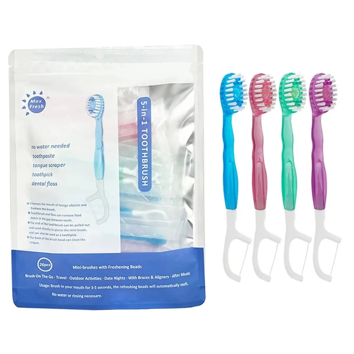 AA14 52 Pack Mini Disposable Toothbrushes 5-in-1 Portable Pre-Pasted Travel Toothbrush with Toothpaste Tongue Scraper