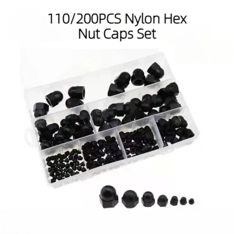 110/200PCS Nylon Hex Nut Caps Set Acorn Dome Covers for Screws Bolts Durable Protection Kit M3/M4/M5/M6/M8/M10/M12