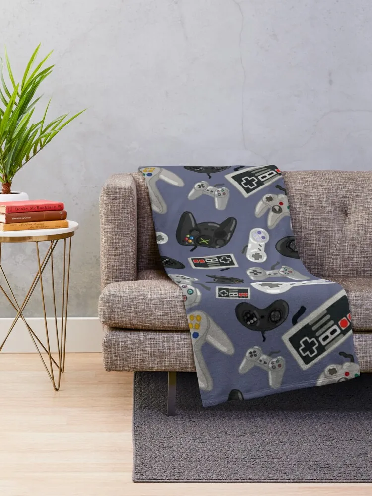 Old School Video Game Controllers - Repeating Pattern Throw Blanket Beach Flannel Designers Nap Blankets