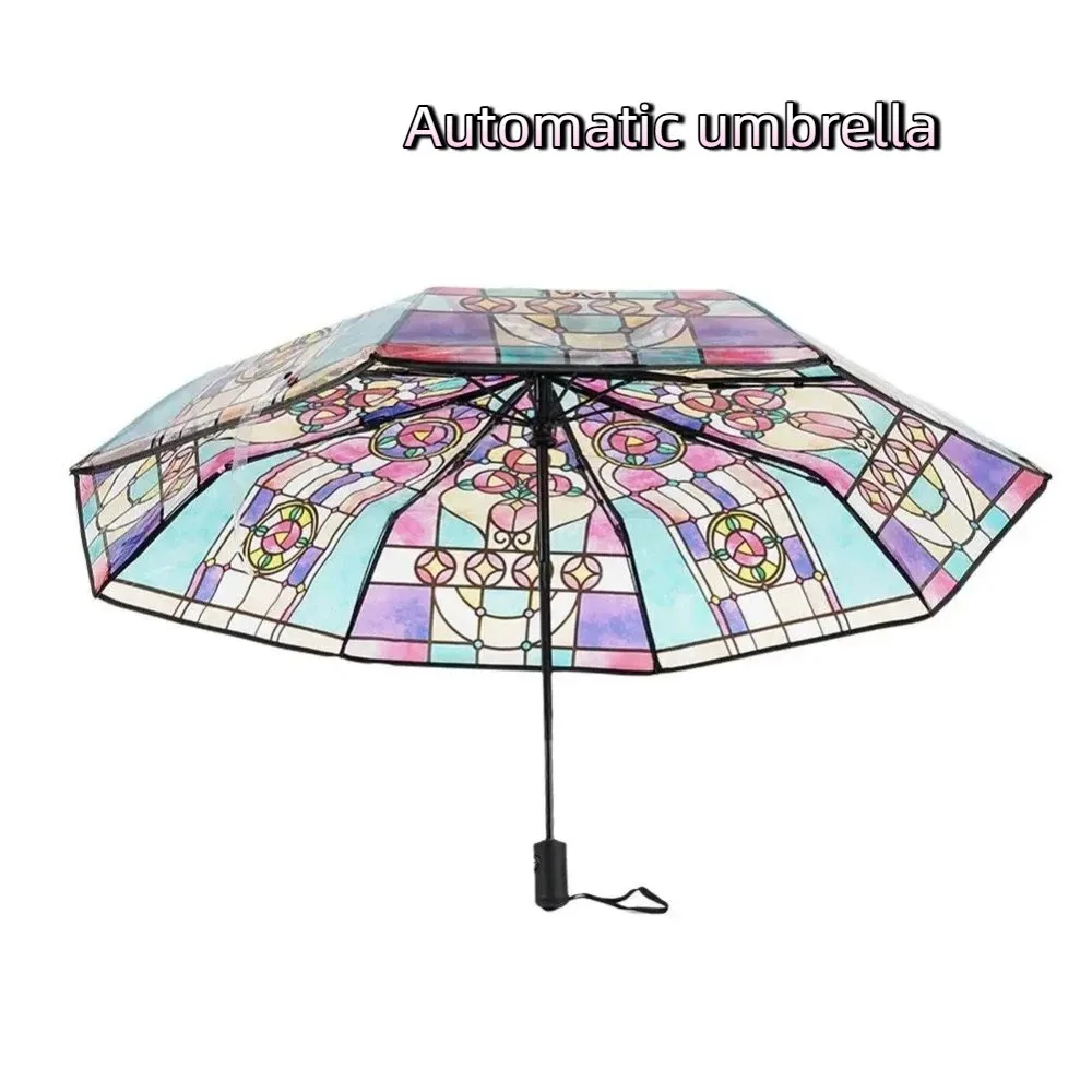 

Hand-Painted Design Transparent Umbrella Stained Glass Print Transparent Material Automatic Umbrella Automatic Opening