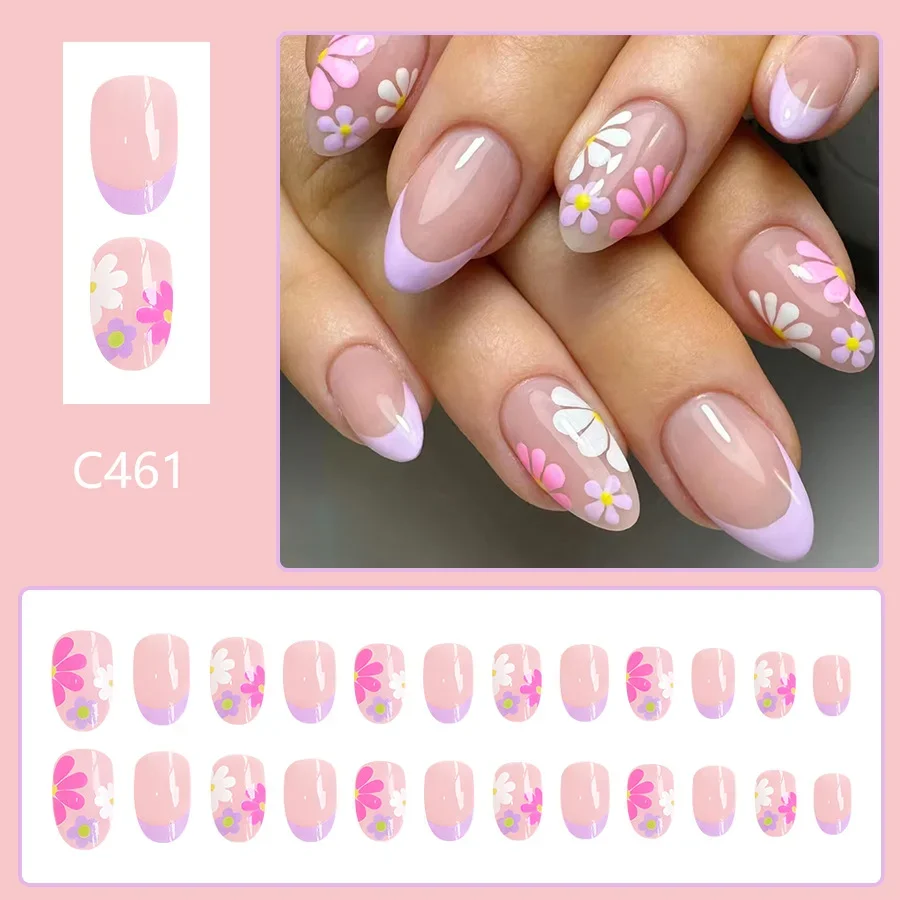 24 piezas de uñas de presión cortas en forma de almendra, punta francesa rosa floral, brillantes y elegantes, uñas postizas de cobertura completa para mujeres y niñas, primavera, uso diario 6