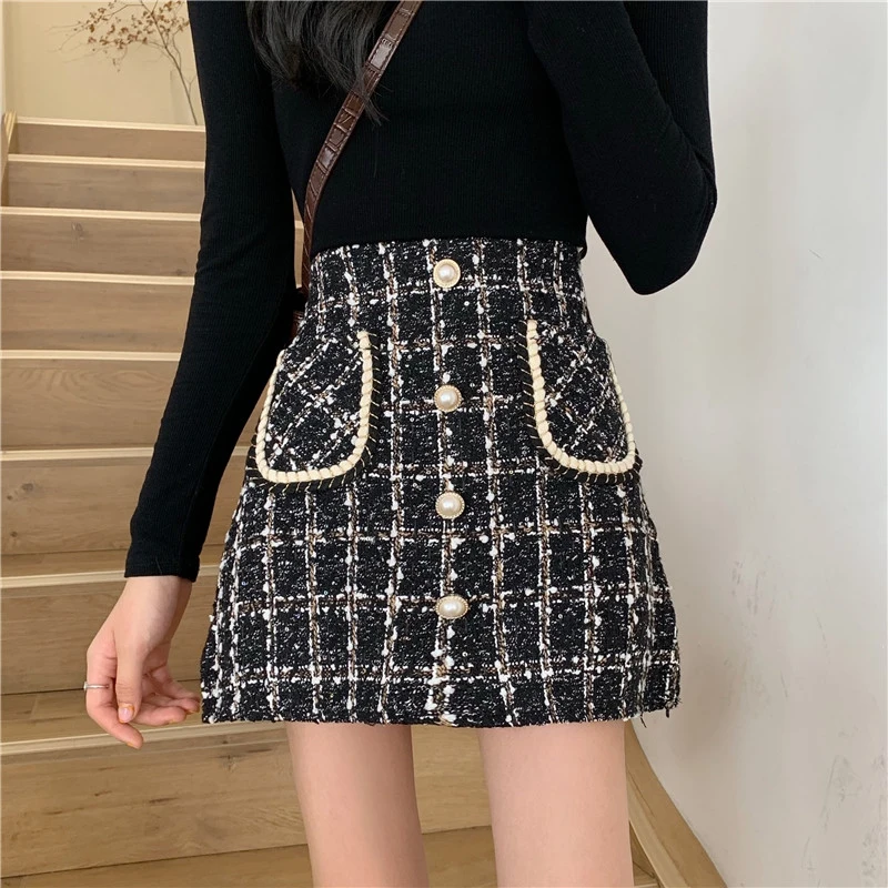 Women Skirt Autumn Winter Plaid High-waisted Fashion Temperament Small fragrance Anti-walking A-line Skirt