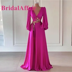 Elegant Fuchsia Silk Satin Prom Dresses Long Sleeves V Neck Gold Decorate Slit Dubai Arabic Women Party Evening Gowns