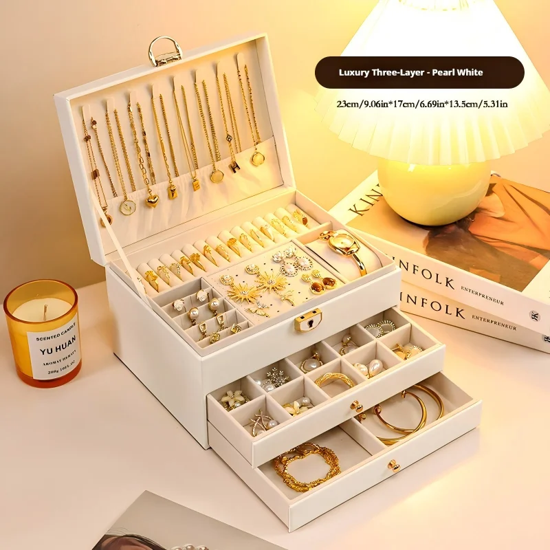 Lockable 3-Layer Jewelry Box Large Capacity Jewelry Organizer Storage Case, Valentine Gift for Women Ladies