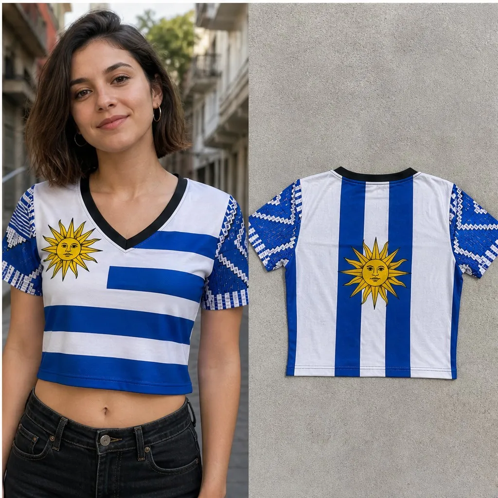 Women Uruguay V Neck Crop Top Sun Stripe Ethnic Print Short Sleeve Summer Street Travel Daily Fashion Tee Modern Hip Outfit Look