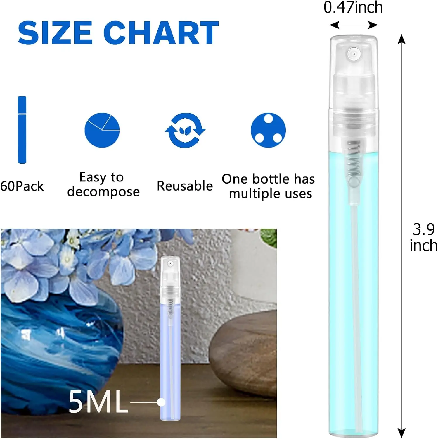 60 mini spray bottles, transparent plastic empty sample containers, suitable for filling, suitable for cleaning and travel.