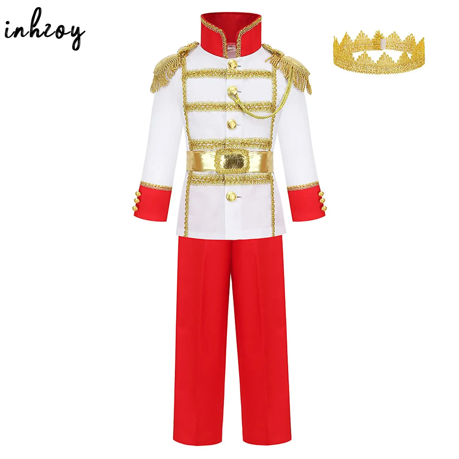 Kids Boys Prince Costumes Cosplay Jacket with Epaulets Long Pants Waist Belt and Crown Sets Halloween Carnival Fancy Dress Up