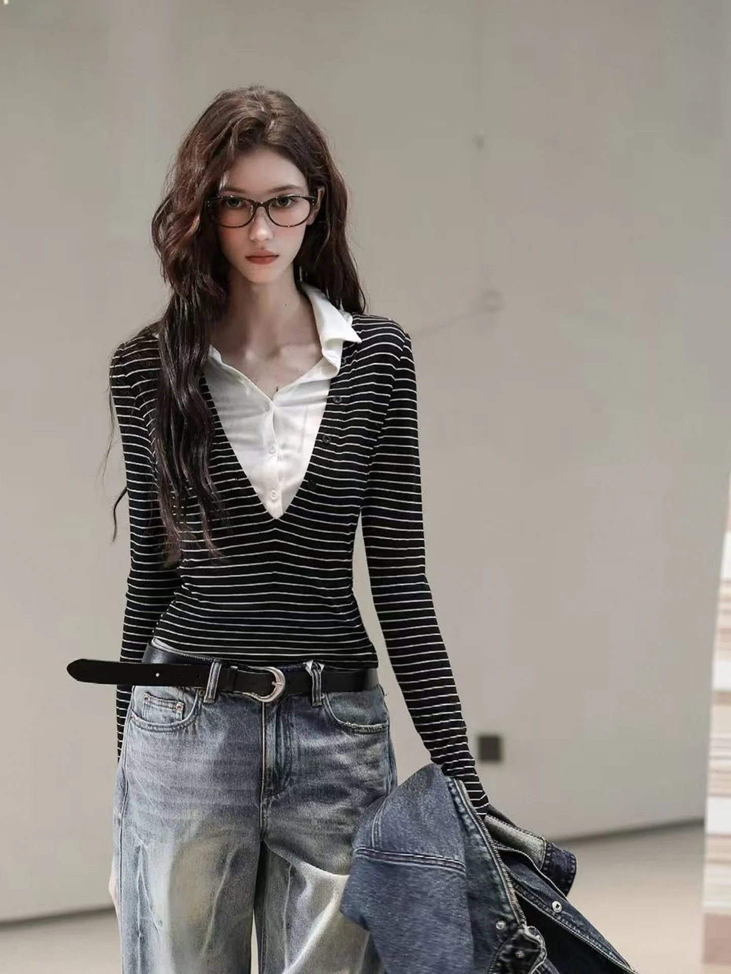 

Женская приталенная футболка Bulletnini с длинным рукавом в полоску, имитация двухслойности, из смесовой ткани с лайкрой и шерстью, осенняя мода