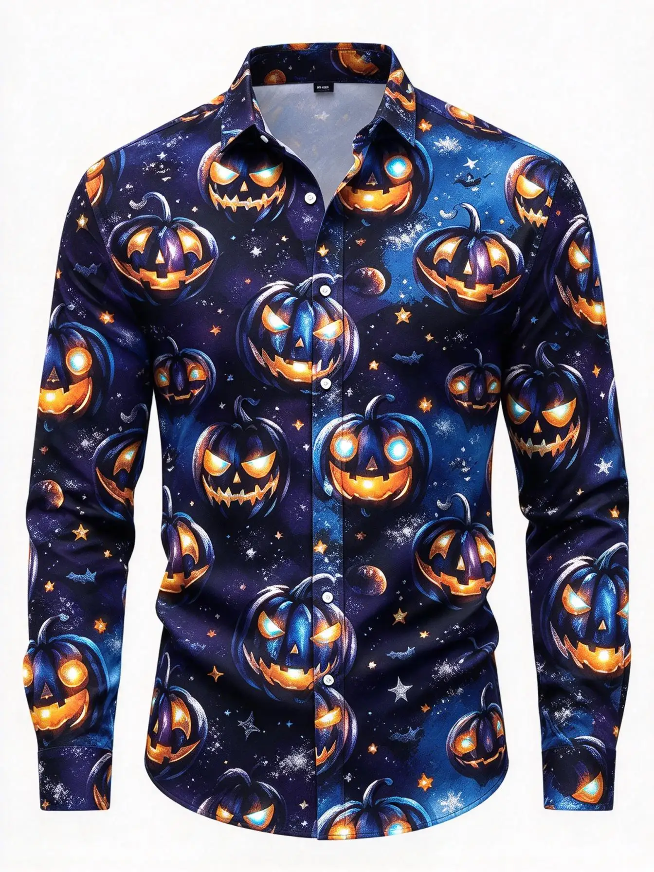 Men Halloween Purple Pumpkin Long Sleeve Shirt, Glowing Jack O Lantern Casual Button Shirt
