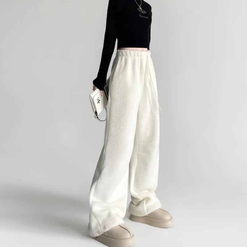 المرأة بنطال ذو قصة أرجل واسعة شتاء 2025 نمط جديد على الوجهين الصوف عالية الخصر فضفاض مستقيم الساق السراويل بناطيل كاجوال دافئة
