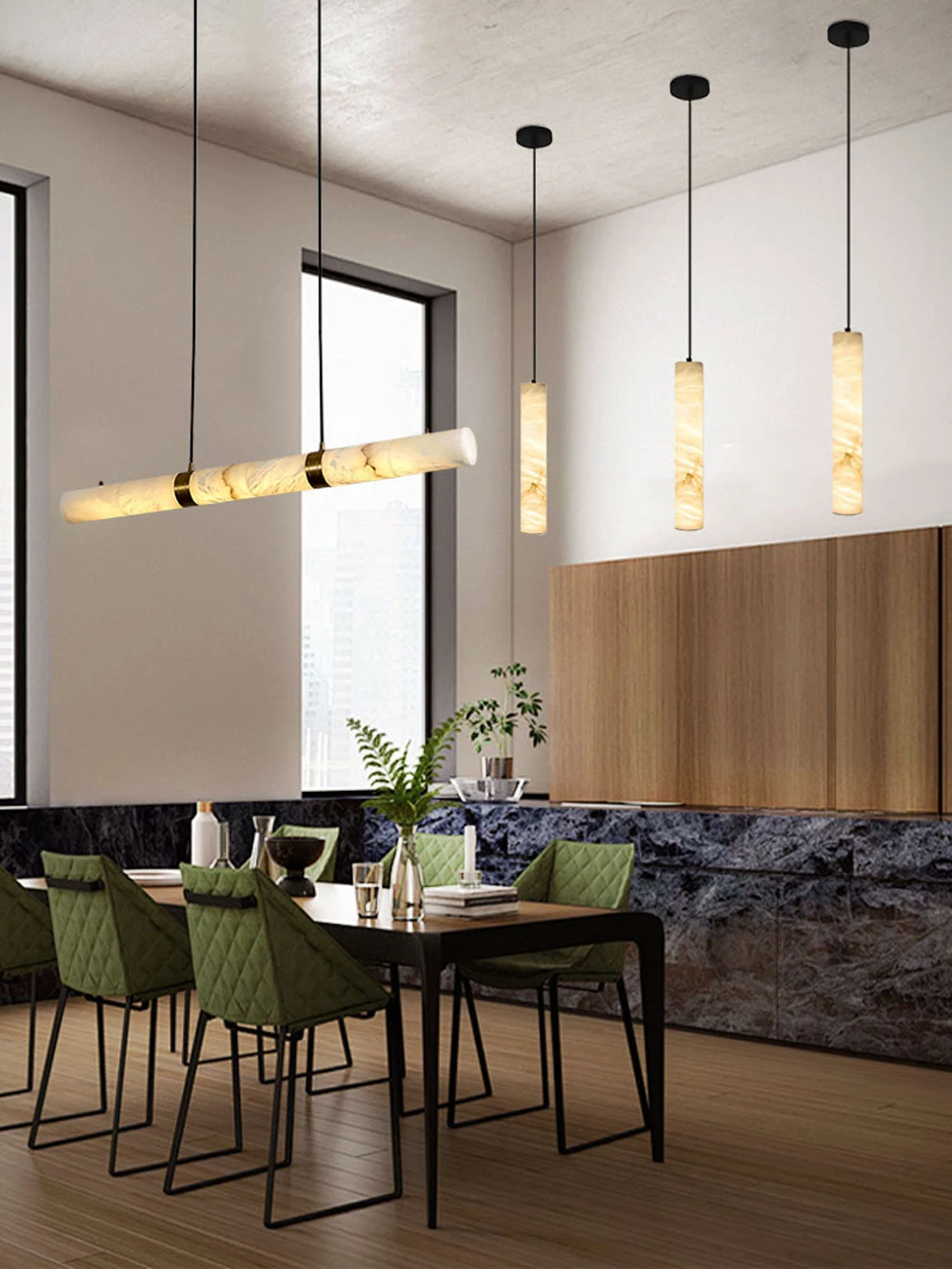 Dimmable LED Marble Linear Hanging Lamps Chandelier