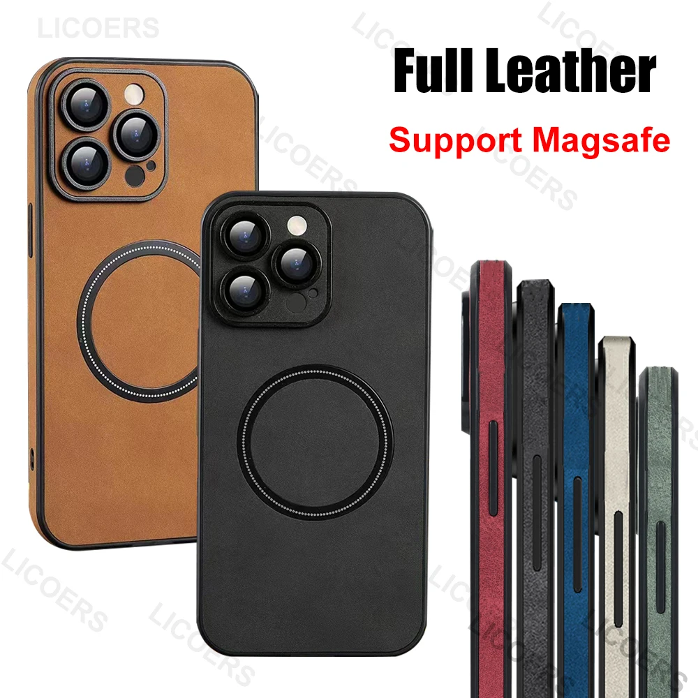 Custodia magnetica per iPhone 15 14 13 12 Pro Max Plus Cover Back + Side Leather pellicola per obiettivo per fotocamera a tutto tondo ricarica