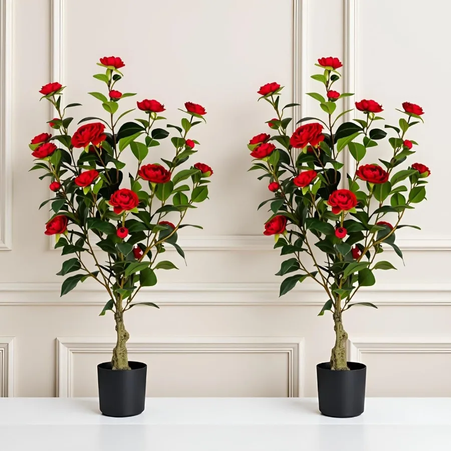 

Artificial Camellia Tree 2 Pack 3FT Faux Camellia Plant in Pot 36 inch Fake Potted Camellia Flower Tree Plastic Camellia Tree f