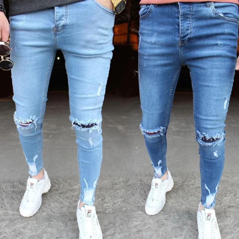 Men Jeans Fashion Slim Fit Pencil Pant Solid Ripped Hole Europe America Denim Zipper Fly Ankle-length Stonewashed Strech Jeans