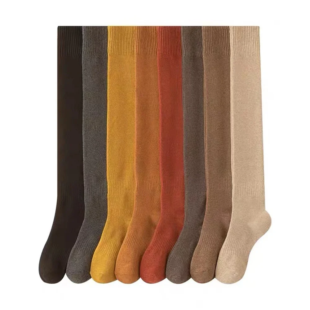 Chaussettes longues en laine pour femmes, Tube au dessus du genou, en éponge, solide et chaud, Style japonais, coréen, Harajuku, hiver