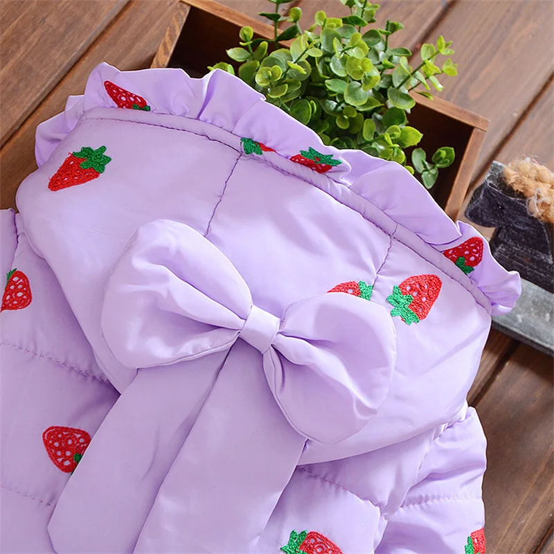 Sweet Strawberry Baby Girl Cotton Coat Winter Long Sleeve Warm Windproof Down Kids Hooded Jacket Toddler Children Clothes