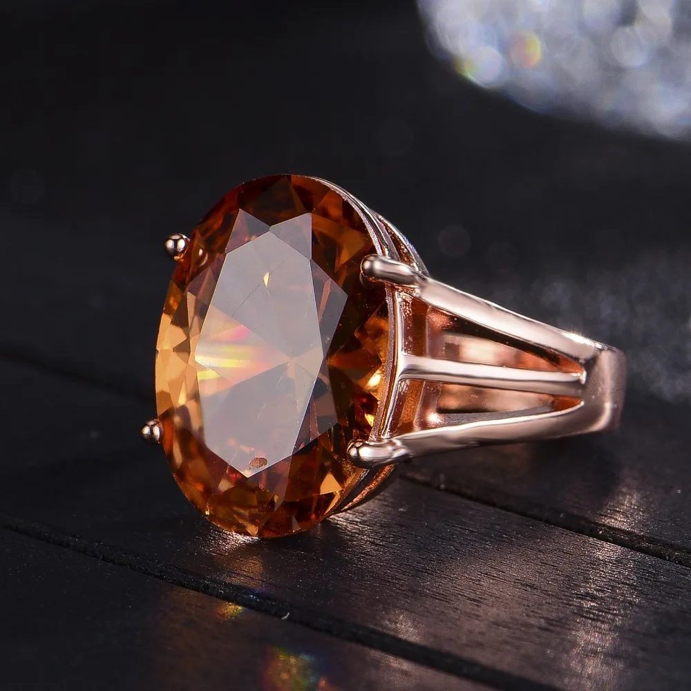 New 925 pure silver elegant oval champagne zirconia closed-end ring for women, rose gold open-ended finger ring
