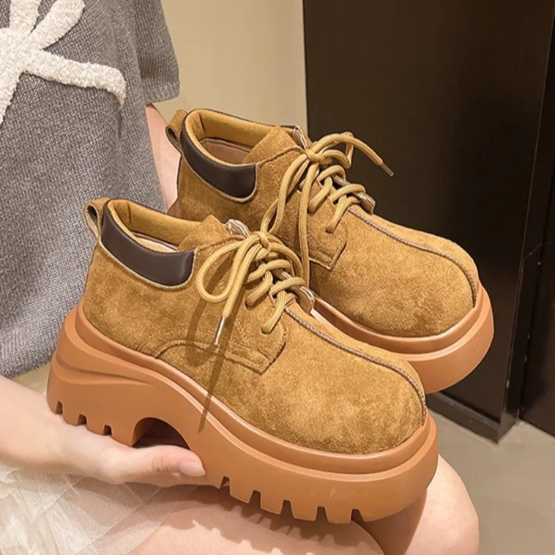 New Women Shoes Designer Large Head Platform Shoes Suede Casual Footwear Lace Up Platform Single Shoes British Style Short Boots