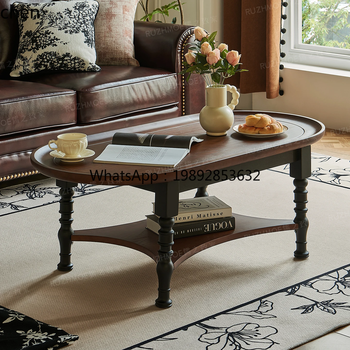 W1  retro solid wood oval coffee table living room household small apartment medium and ancient style low table