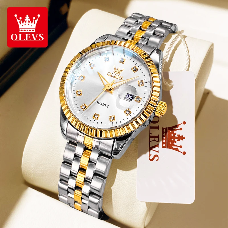 

OLEVS NEW Lady's Watches Diamonds Auto Date Dial Waterproof Classic Original Brand Wristwatch for Women Gold White Watch