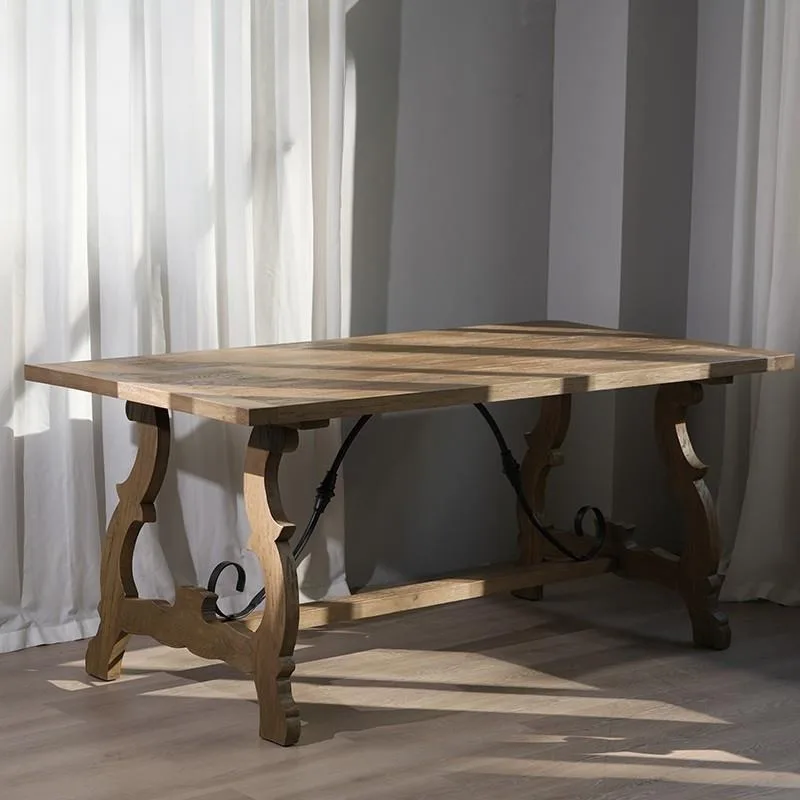 American country dining table, retro old long table, solid wood home living room Roman column French dining table