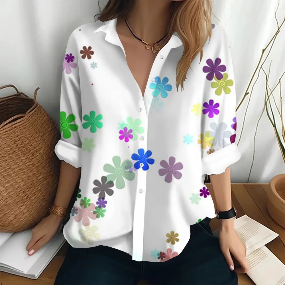 2024 New Small Floral Women's Shirts Floral Shirts 3 Loose Casual Women's Large Size Simple Button Design Cardigan Shirt