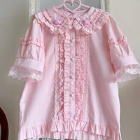 Japanese Cute Lolita Blouses Women Kawaii Candy Peter Pan Collar JK Shirt Tops Girls Sweet Lace Ruffles Puff Sleeve Chic Blouse