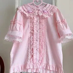 Japanische süße Lolita Blusen Frauen Kawaii Süßigkeiten Peter Pan Kragen JK Shirt Tops Mädchen süße Spitze Rüschen Puff Ärmel schicke Bluse