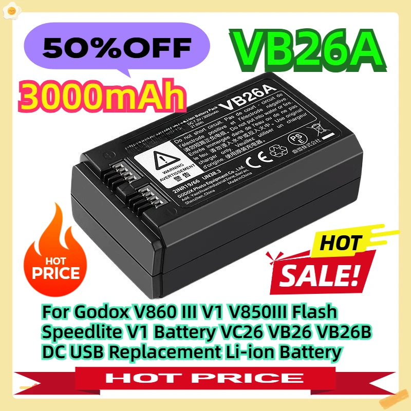 

3000mAh For Godox V860 III V1 V850III Flash Speedlite V1 Battery VC26 VB26 VB26B DC USB Replacement Li-ion Battery