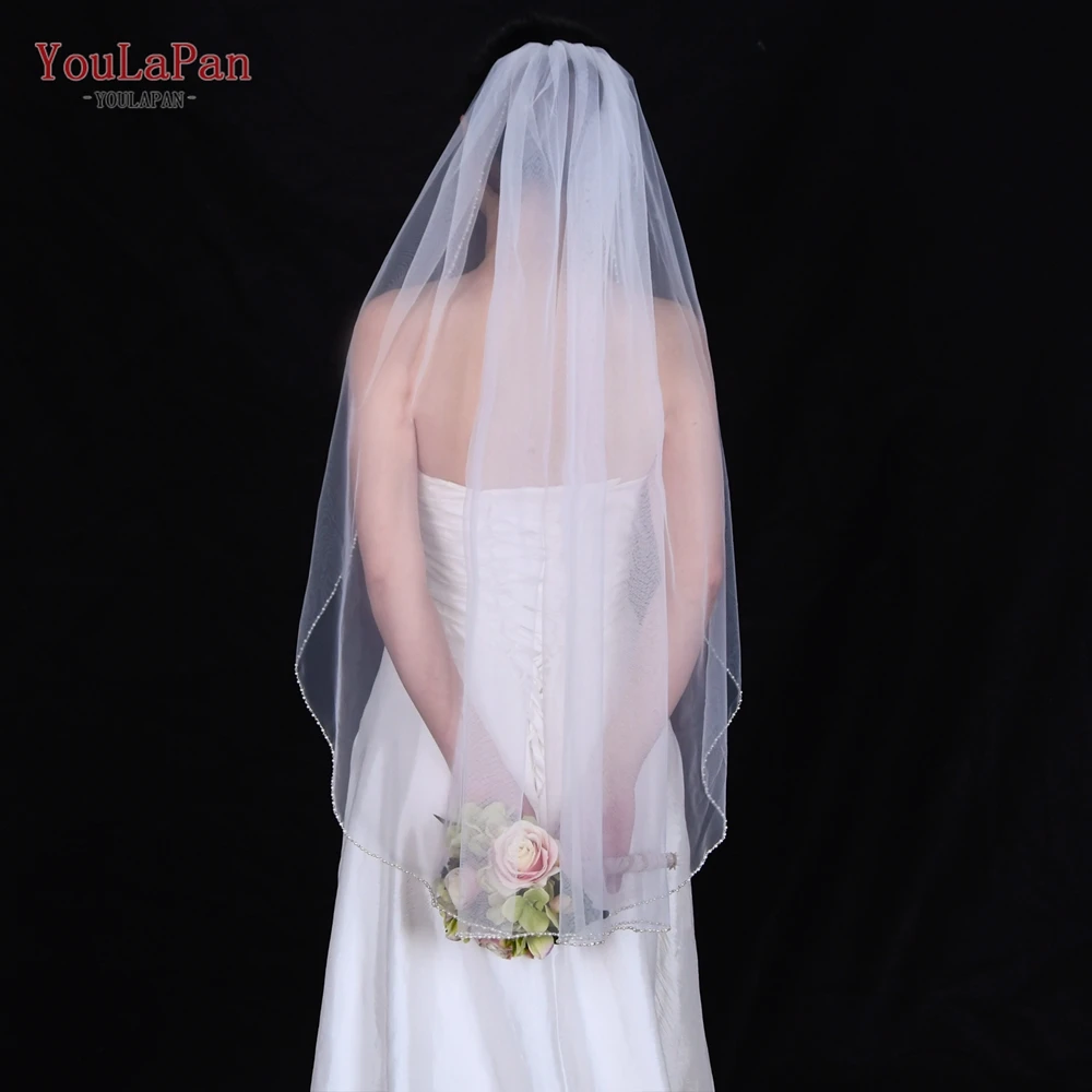 YouLaPan Wedding Veil with Crystal Edge Elbow Length Bridal Veil Pearl Beaded Eleglant 1 Tier Veils for Christian Church V197