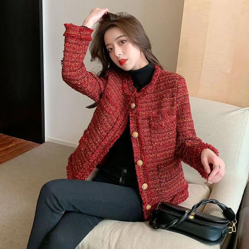 

2023 New Women Short Temperamental Tweed Coat Autumn Winter Female Slim Casual All-Match Loose Korean Style Round Neck Outwear