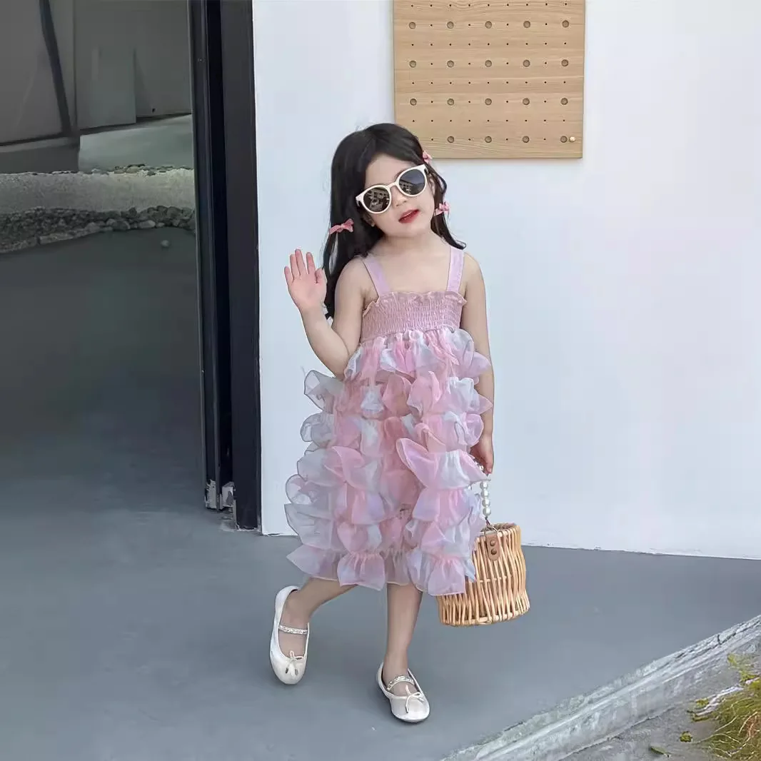 Girls Skirts 2024 Summer New Childrens Dress Dream Powder Princess Dress Pearl Glitter Slip Skirt Cake Pompadour Skirt Casual