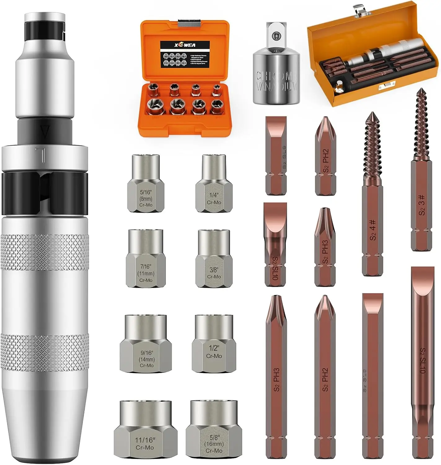 

12PCS 3/8' Manual Impact Driver & 8PCS Bolt Extractor Set, Reversible Screwdriver with Slotted, Phillips, Hex Bits for Damaged,