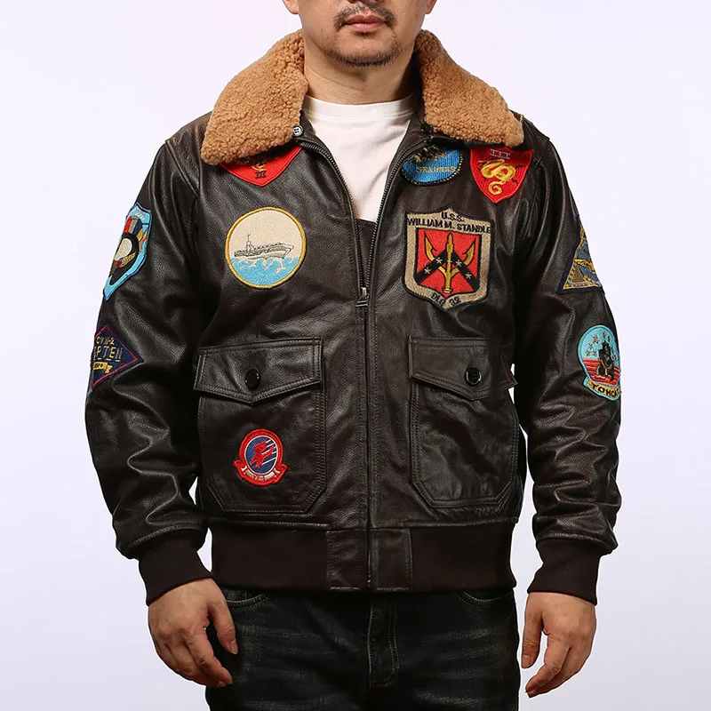 Top Gun 100 % echte Jacken, Rindsleder, Wollkragen, braun, schwarz, Kleidung, Motorrad-Stickerei, Unisex, echter Ledermantel – Detail 12