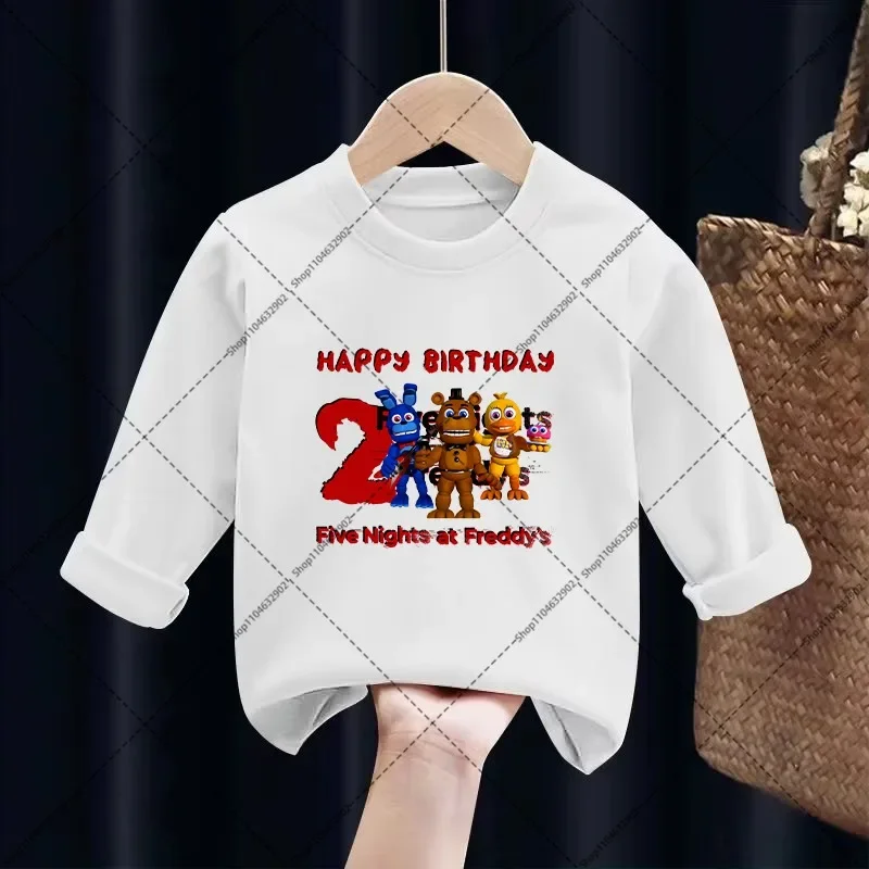 FNAF الاطفال طويلة الأكمام خمس ليال في فريدي حفلة عيد ميلاد تي شيرت بنين بنات الربيع تي شيرت الكرتون لعبة طباعة المحملة هدايا جديد #3