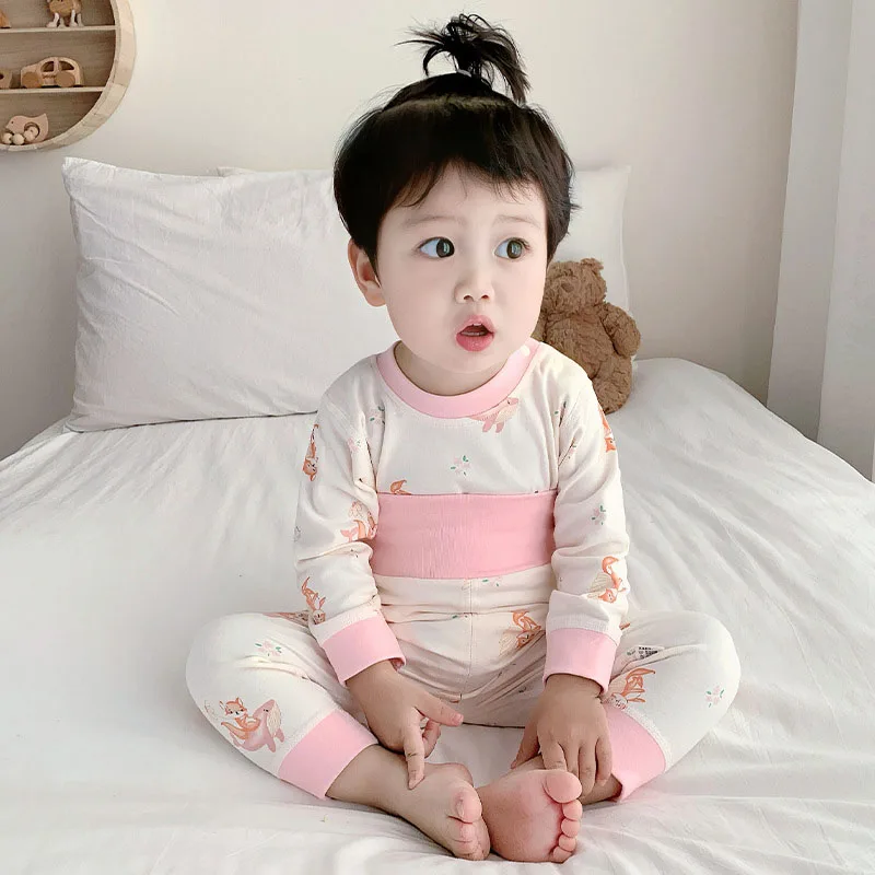 Baby Autumn Pajamas Set Infant Cute Printed Animals Home Wear Suit Toddler Floral High Waist Loungewear 2PCS