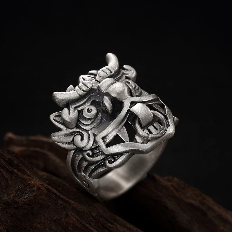 925 Thai silver retro relief gluttonous mens rings domineering unique men's and women's ring adjustable banquet jewelry gifts