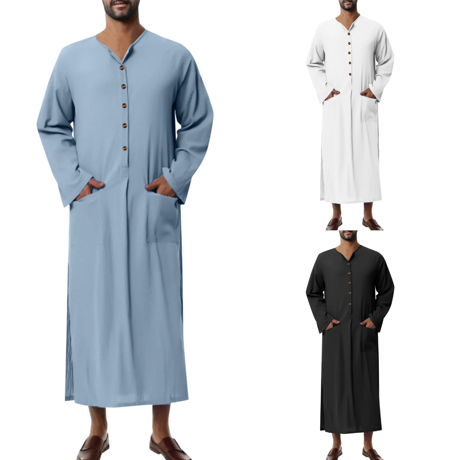 

Muslim Men Abayas Kaftan Solid Pockets V Neck Long Sleeve Vintage Robes Man Arabic Islamic Southeast Asia Caftan Casual Abaya