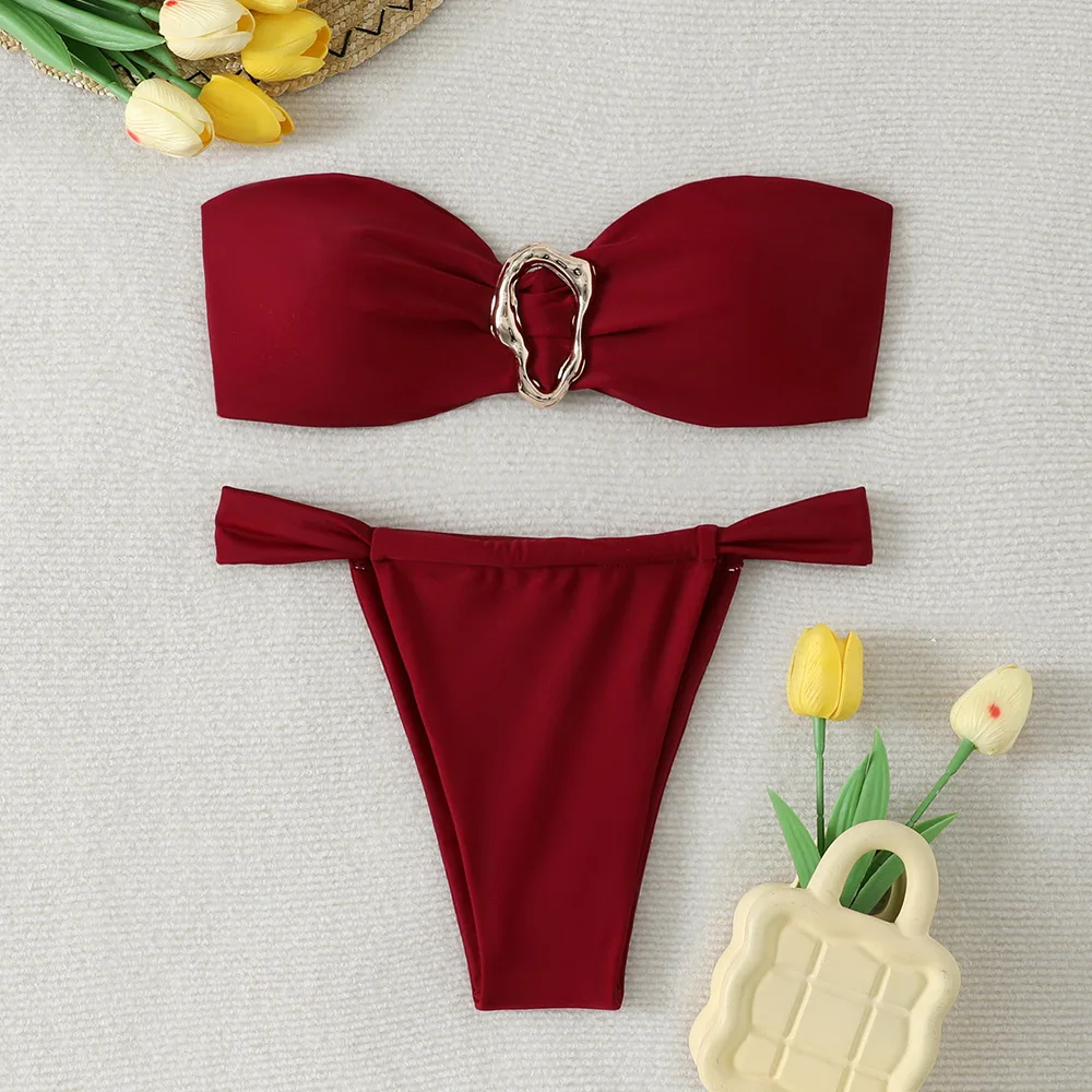 

Sexy Bandeau Push Up Bikini Swimwear Women Ring Decoration 2 Piece Swimsuit Woman Bathing Suit Biquini Maillot De Bain Femme
