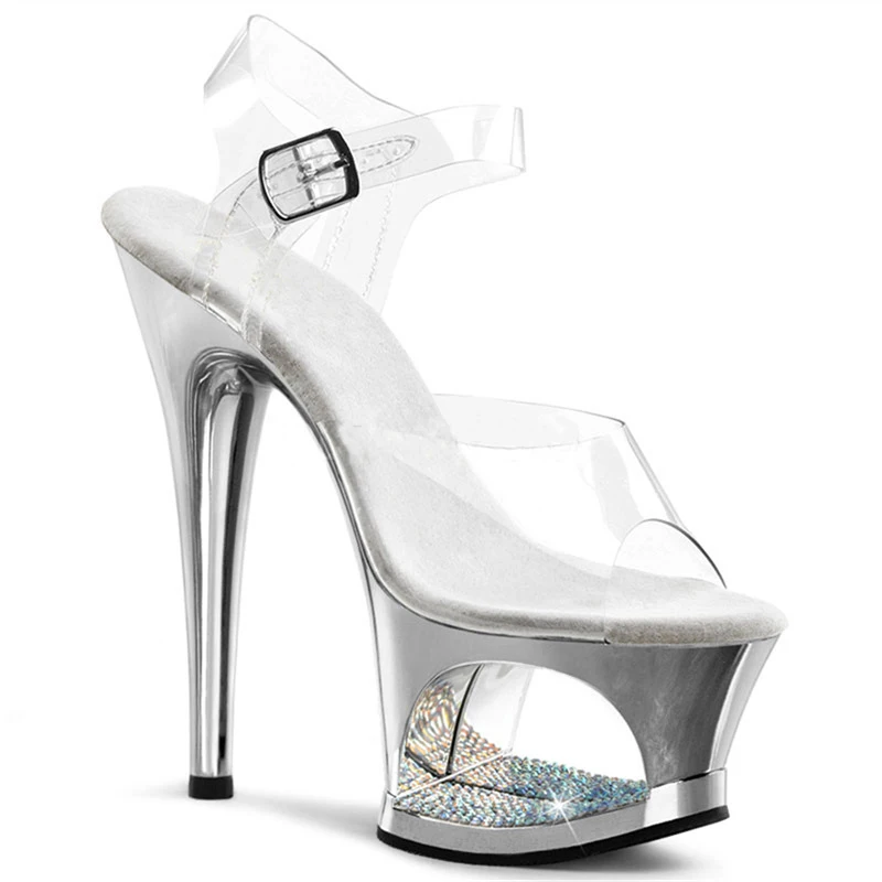 Pink Hollow Out Platform Stilettos Clear Pvc Strap Ankle Buckle Sandals Sexy Rhinestone Open Toe High Heels Party Shoes view 3