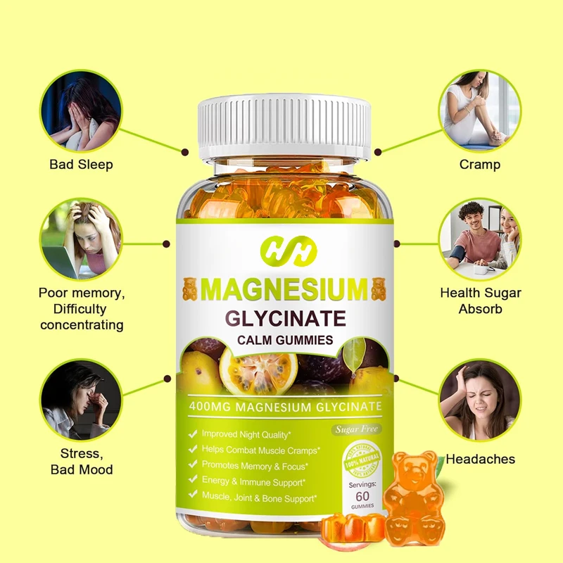 Magnesium Glycine-60 Passion Fruit Gummies, Magnesium Malate, Vitamin D, B6, and CoQ10, for Adults To Calm Their Mood and Sleep
