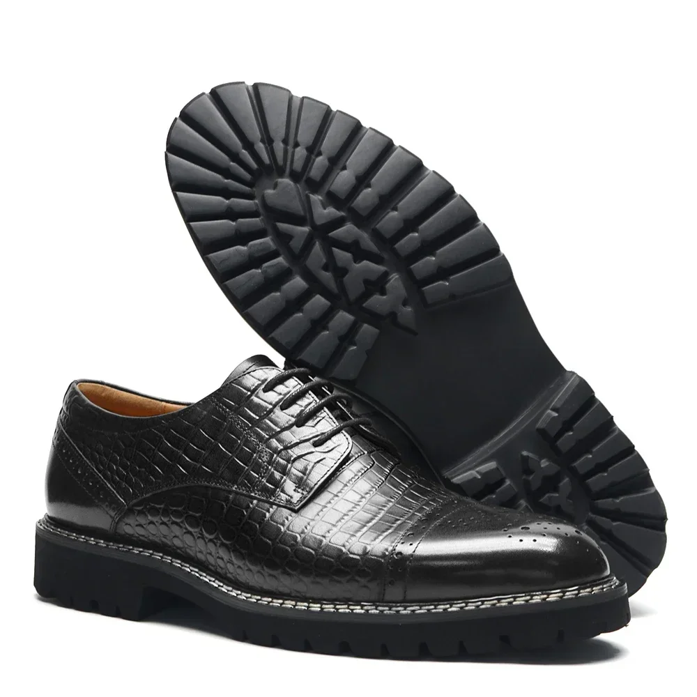 Luxury Men\'s Derby Dress Shoes Elegant Crocodile Print EVA Comfortable Sole Real Cow Leather Cap Toe Casual Oxford Sneakers