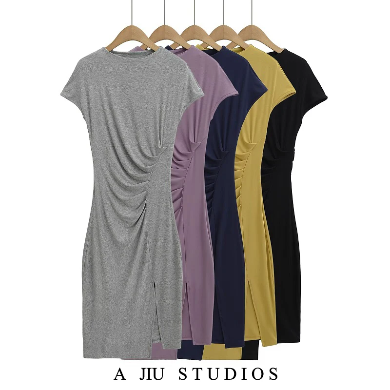 

Sexy Pure Desire ort Sve Wrap Waist Dr Women's Summer High Waist Side Slit Midi Length Bodycon Skirt Casual round Ne