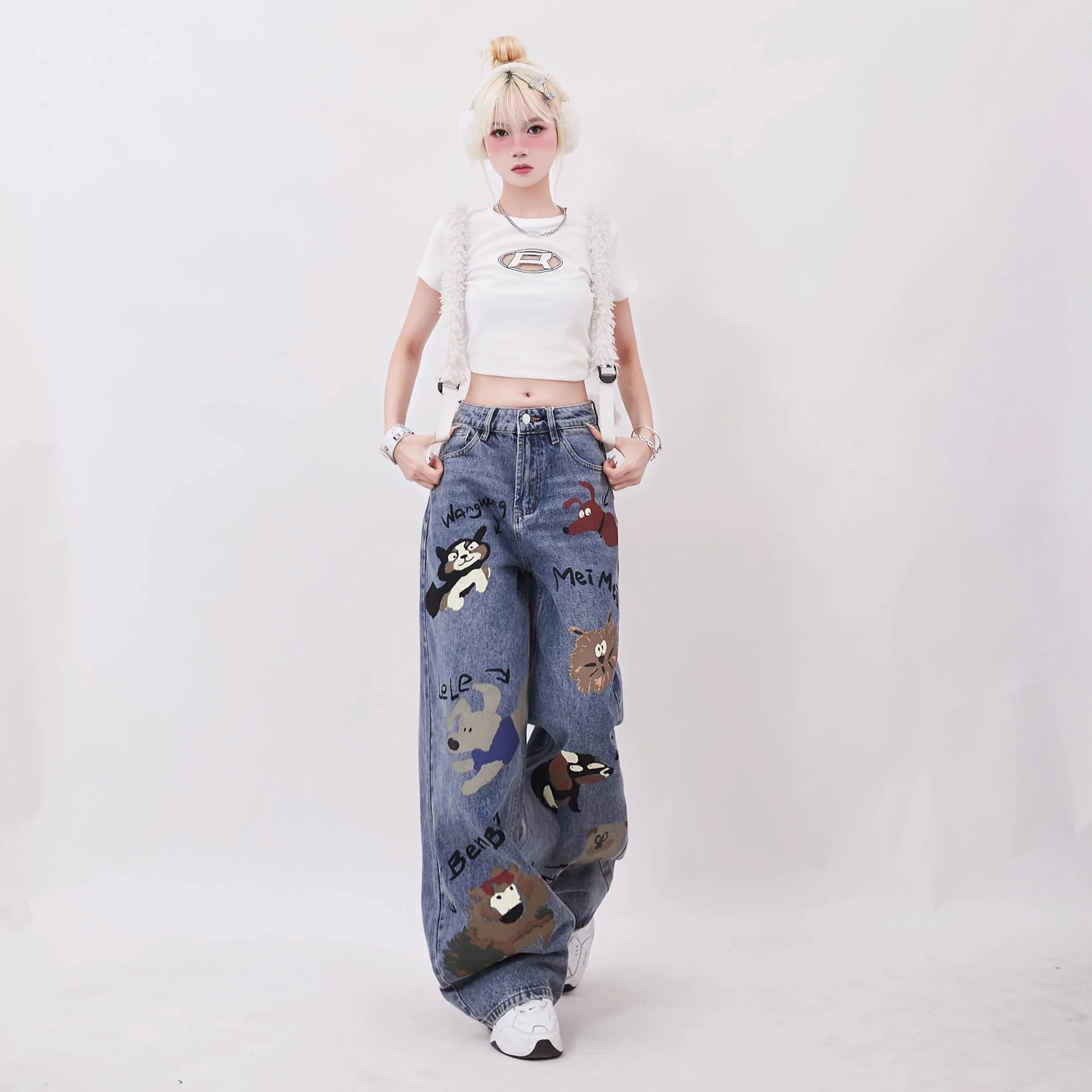 New Harajuku American Retro Jeans Loose Wide-leg Jeans Women Cute Cartoon Look Thin Trendy All-match Wide Wide Leg Mopping Pants