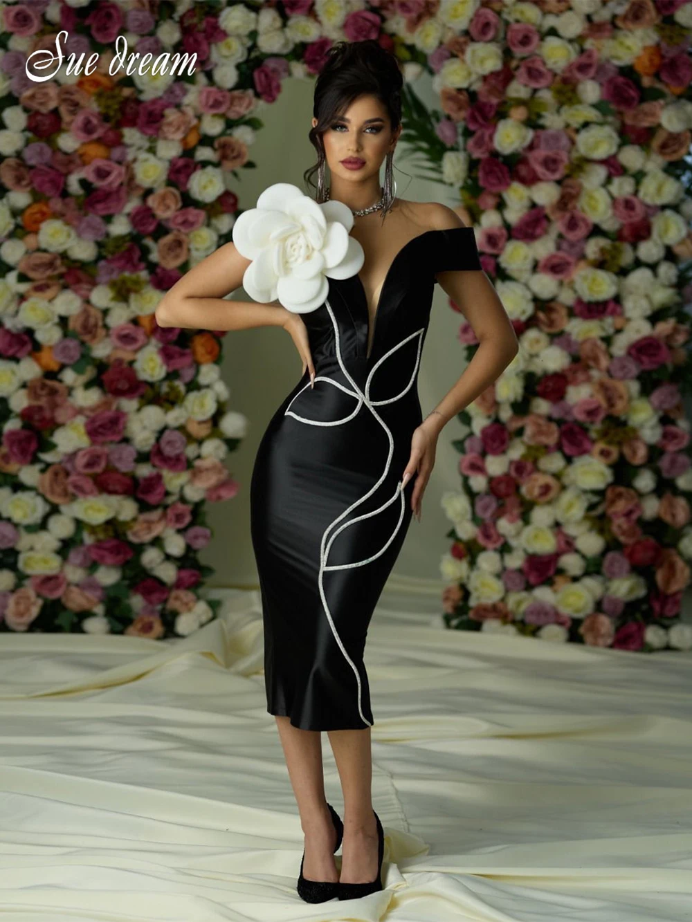 

2024 Autumn New Women's Sexy Slimming Flower Off The Shoulder Bandage Midi Dress Bodycon Celebrity Party Evening Dress