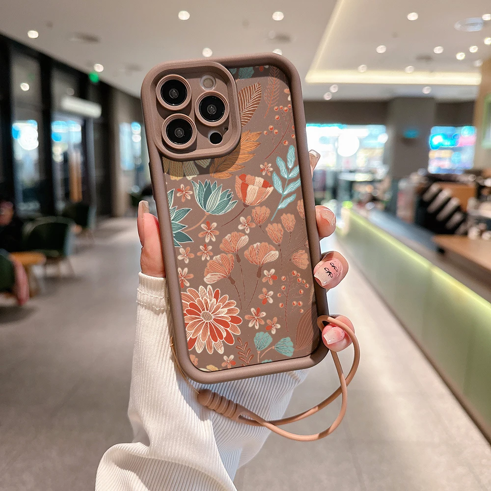 INS Bustling Pattern Flowers Phone Case for IPhone 15 14 13 12 11 Pro Max Mini XR X 7 8 Plus Soft TPU Back Cover With Hand Strap