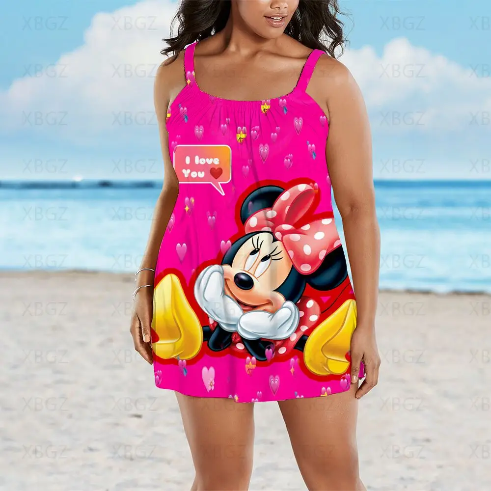 Gaun Ukuran Besar Seksi Pakaian Musim Panas Gaun Wanita Cantik dan Elegan Disney Tanpa Lengan 2022 Selempang Wanita Pantai Minnie Mouse Longgar