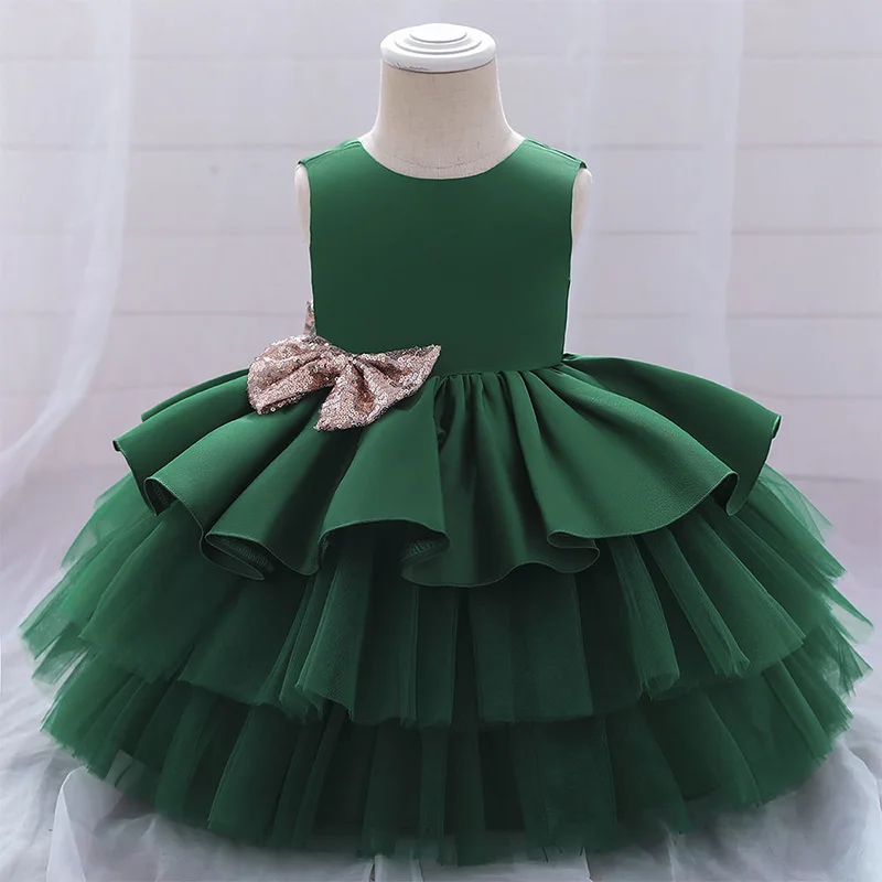 Kids Clothes Girls Crew Neck Solid Color Bow Spray Gold Splicing Lace Sleeveless Backless Birthday Puffy Gauze Cake Dresses