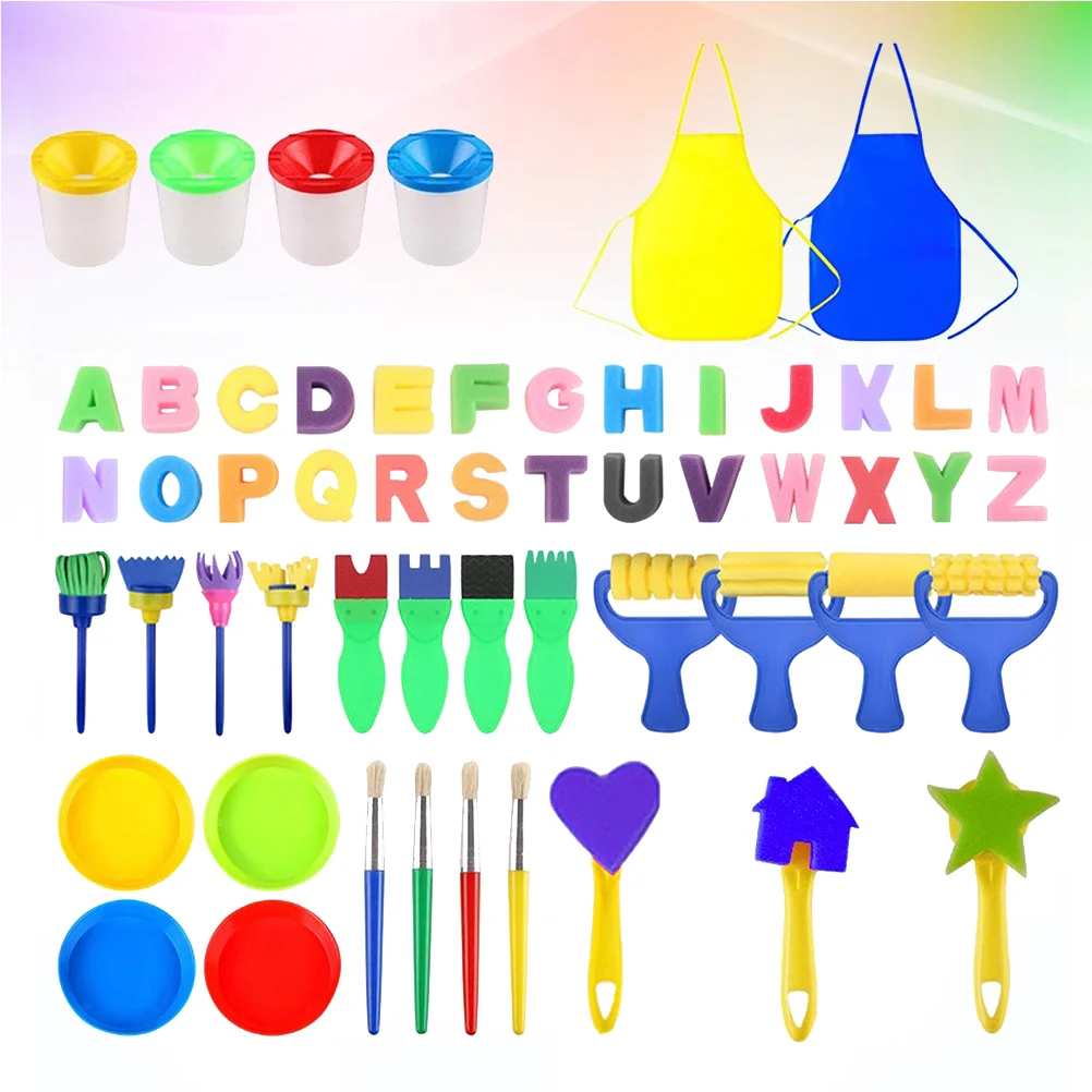 55pcs Kids DIY Painted Sponge and Apron Set Colorful Early Educational Graffiti Drawing Seal Painting Supplies